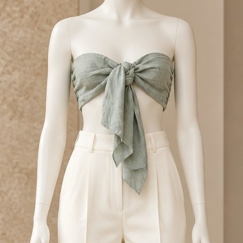 JLUXLABEL Womens Crop Top Sage Green Smocked Tie Front Medium